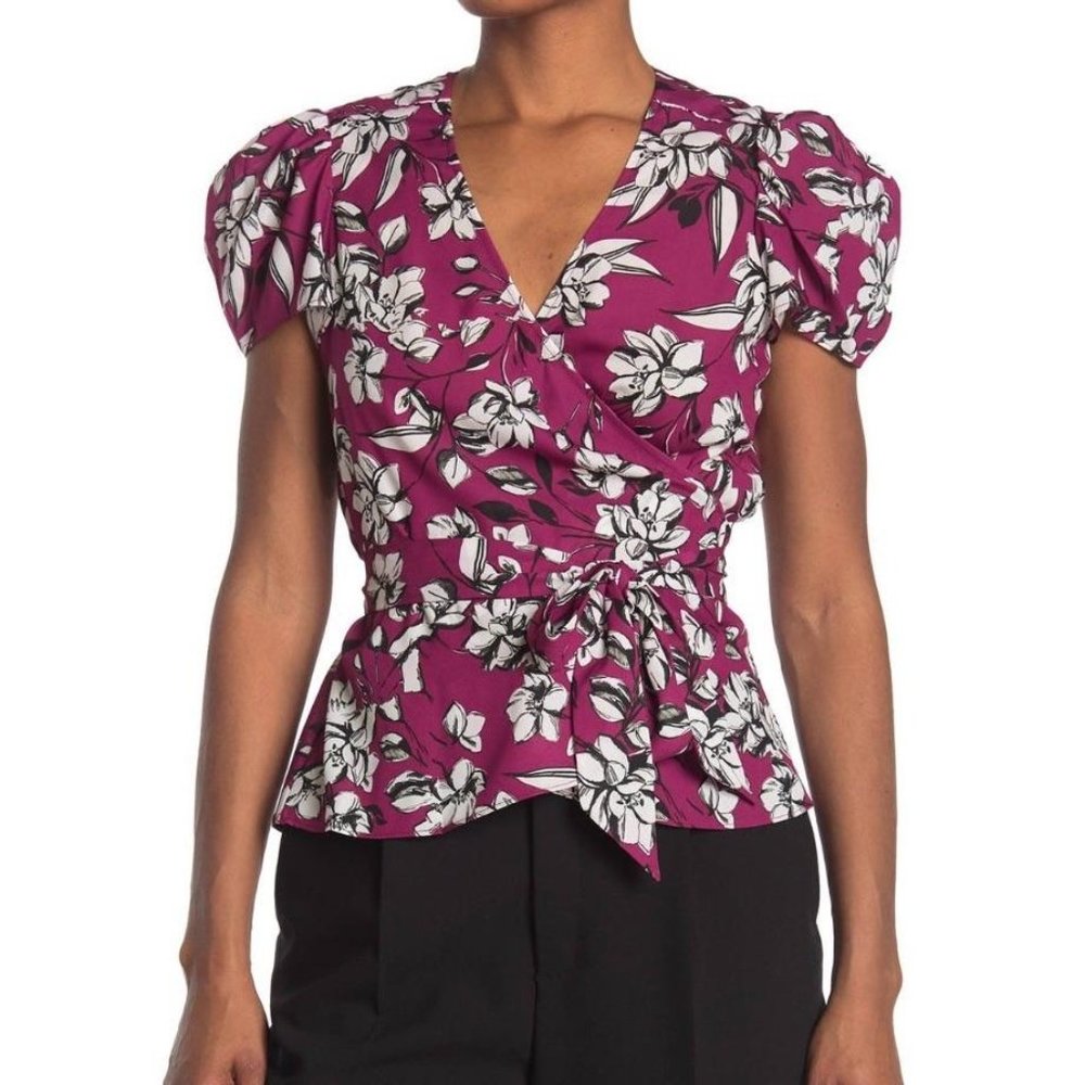 Parker Puff Sleeve Fuchsia Floral Print Wrap Top,
